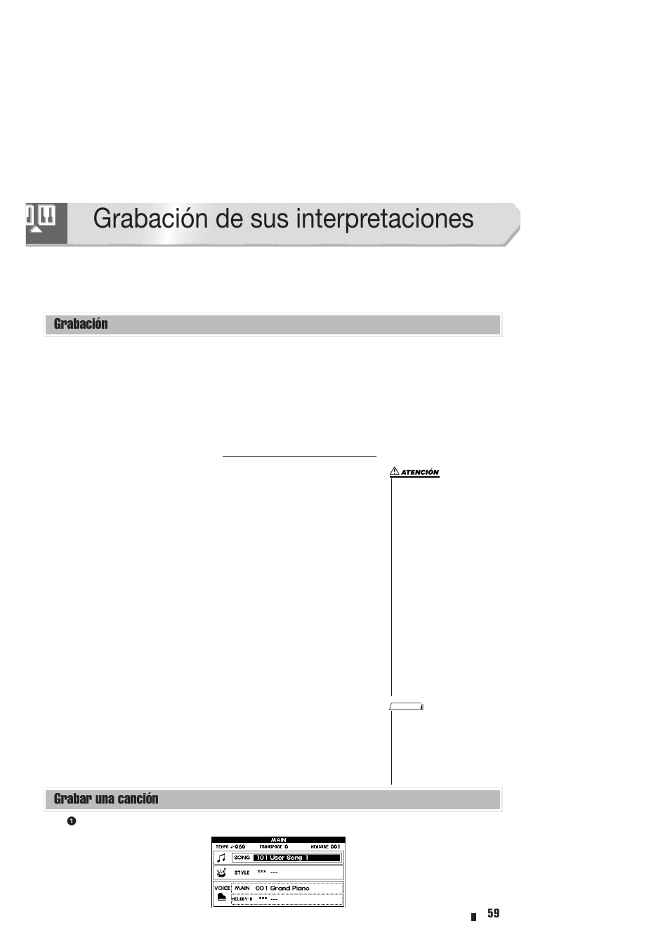 Grabación de sus interpretaciones, Grabación, Grabar una canción | Grabación grabar una canción | Yamaha Portable Entertainment Station PSR-K1 User Manual | Page 59 / 104