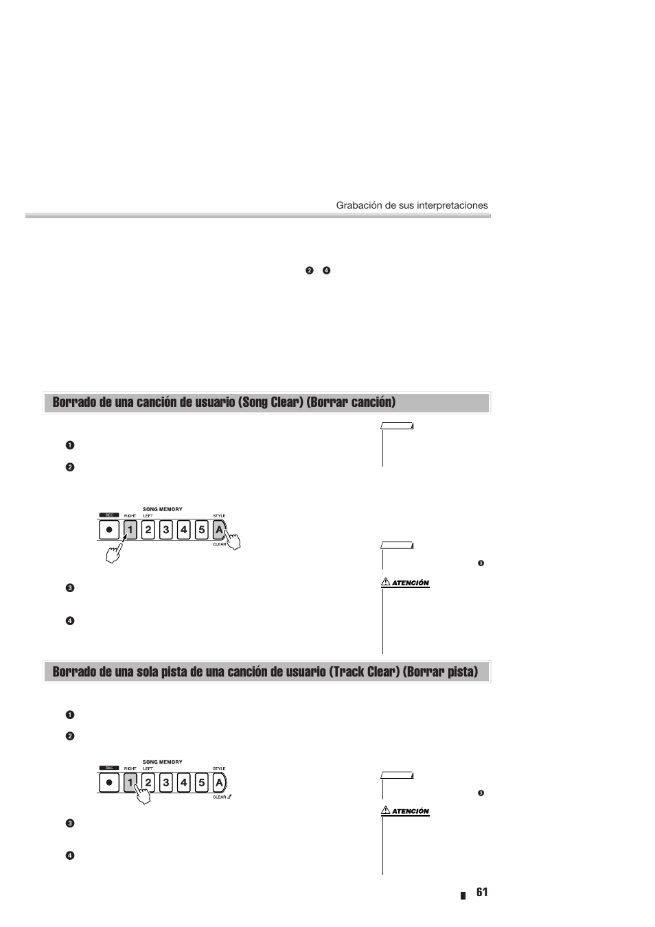 Borrado de una canción de usuario (song clear), Borrar canción), Track clear) (borrar pista) | Yamaha Portable Entertainment Station PSR-K1 User Manual | Page 61 / 104