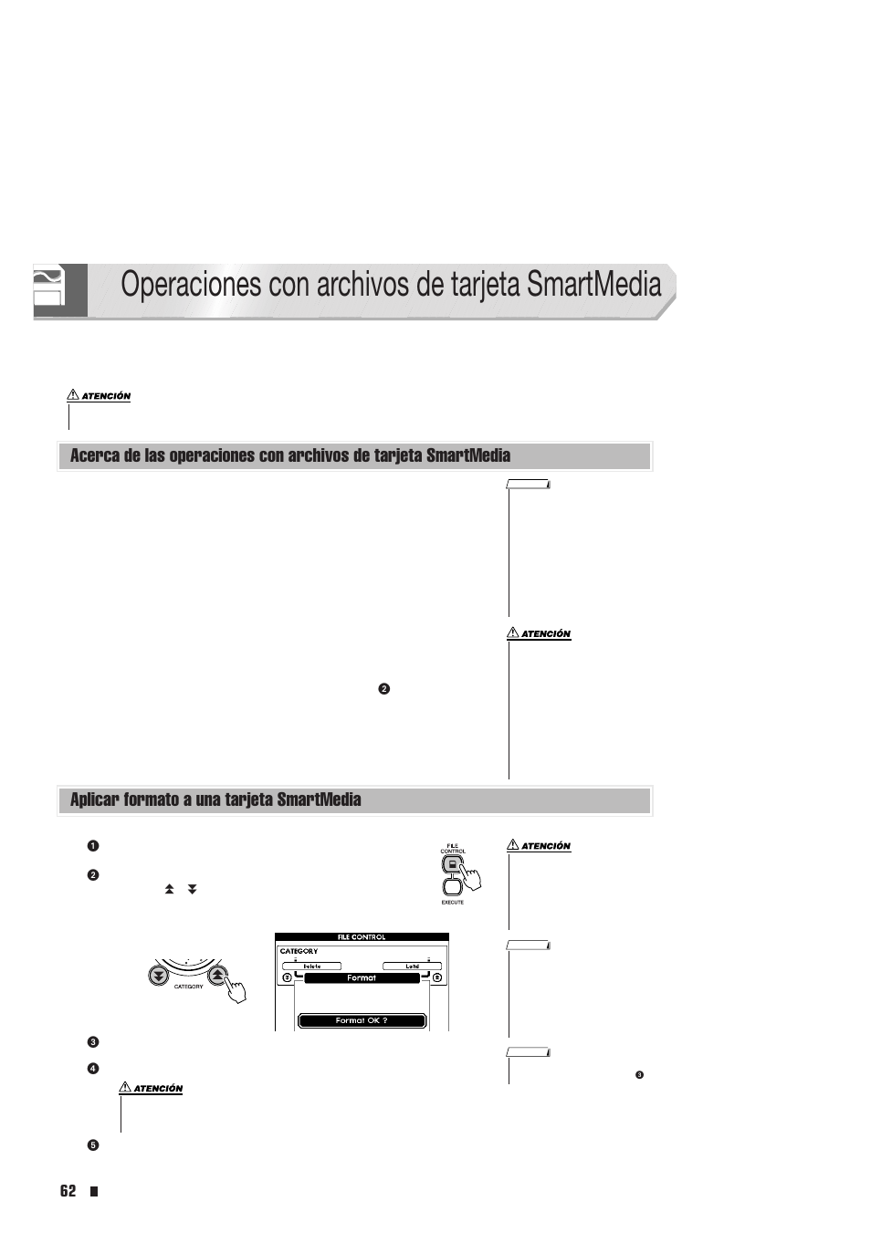 Operaciones con archivos de tarjeta smartmedia, Aplicar formato a una tarjeta smartmedia, Acerca de las operaciones con archivos de tarjeta | Smartmedia | Yamaha Portable Entertainment Station PSR-K1 User Manual | Page 62 / 104