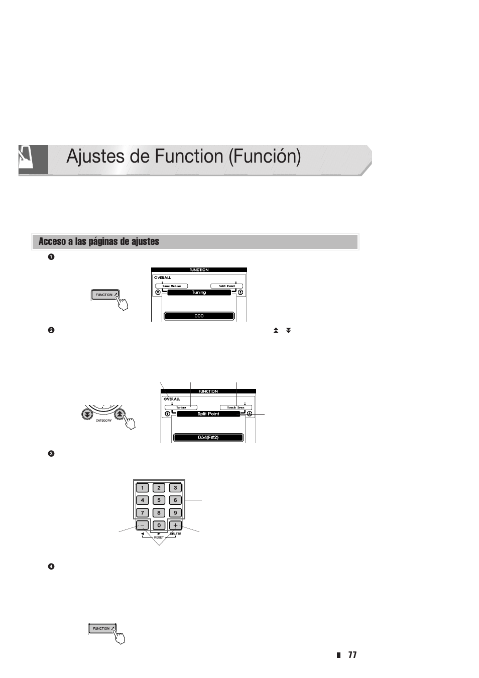 Ajustes de function (función), Acceso a las páginas de ajustes | Yamaha Portable Entertainment Station PSR-K1 User Manual | Page 77 / 104