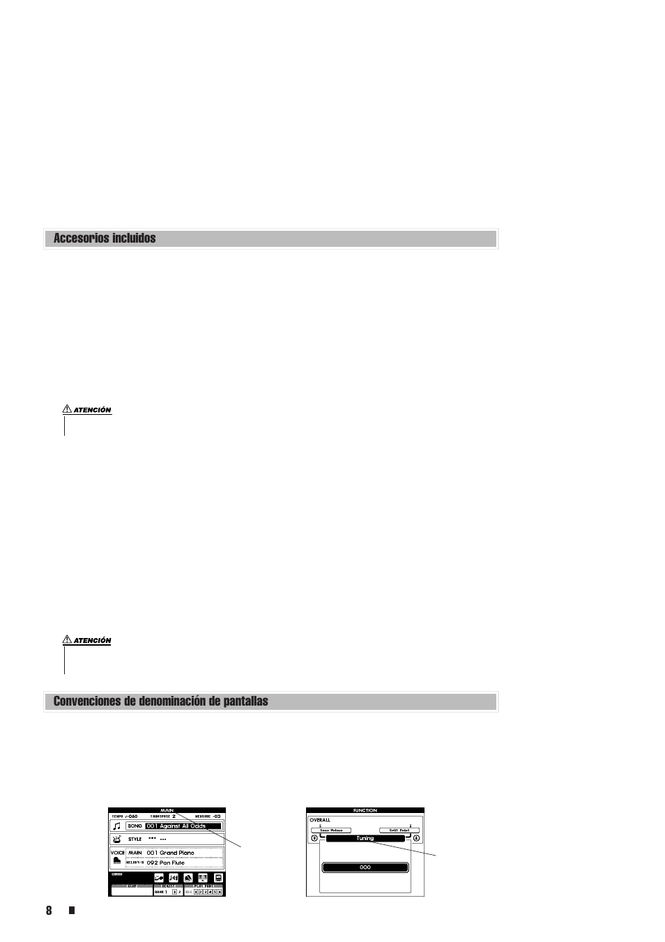Accesorios incluidos, Convenciones de denominación de pantallas | Yamaha Portable Entertainment Station PSR-K1 User Manual | Page 8 / 104