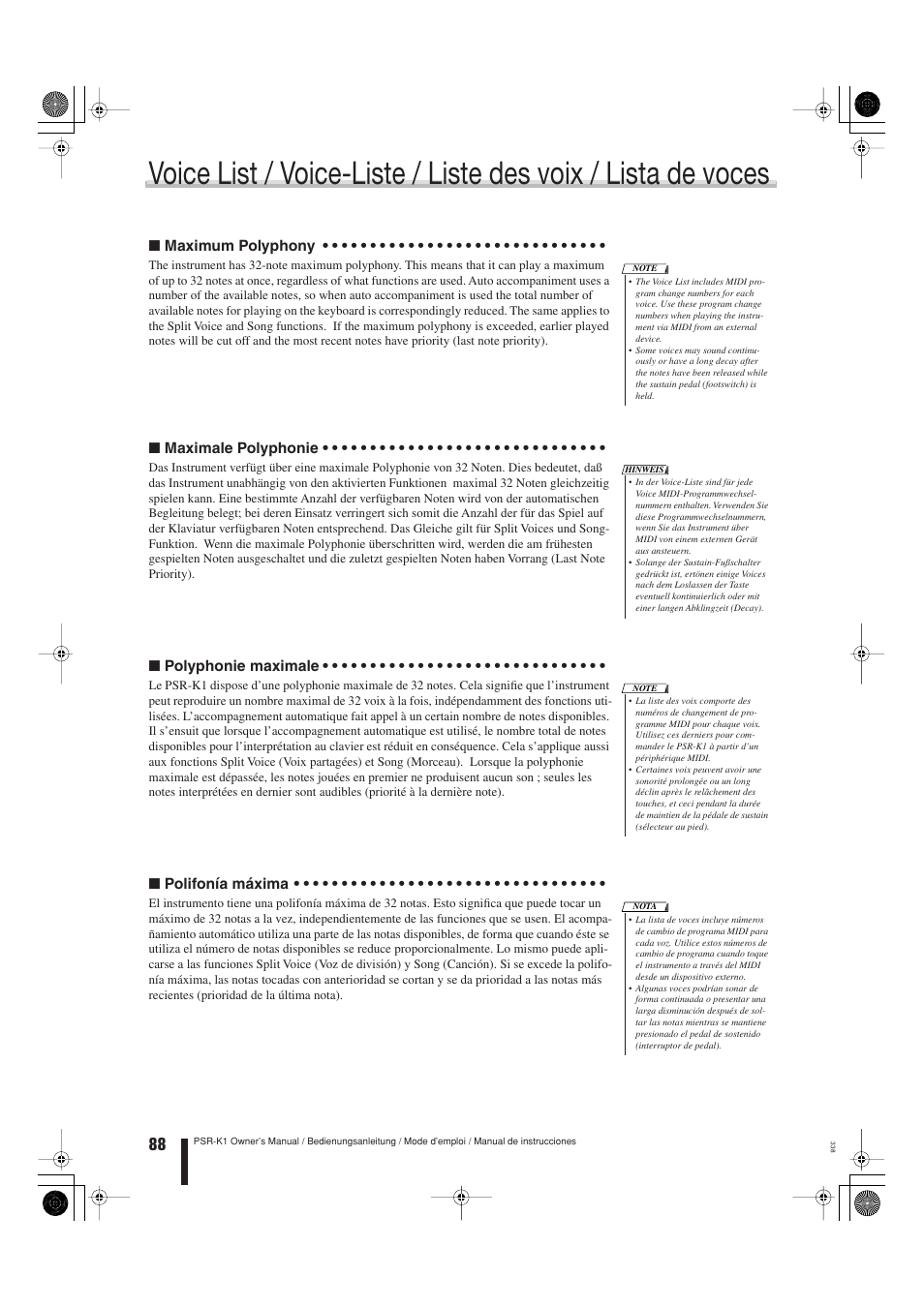 Lista de voces, Polifonía máxima | Yamaha Portable Entertainment Station PSR-K1 User Manual | Page 88 / 104