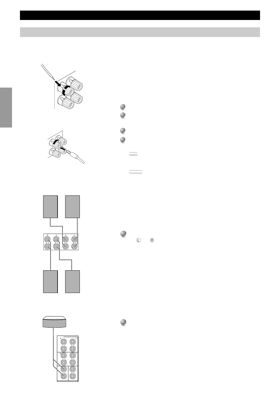 Connecting speakers, Hookups, Using speaker cords | Connecting the main speakers, Connecting the center speaker | Yamaha DSP-AX1 User Manual | Page 22 / 88