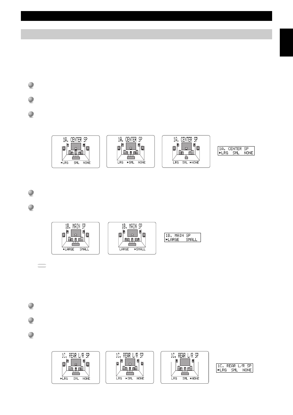 Speaker set (1a. center sp to 1g. main level), Set menu items, 1a. center sp (center speaker mode) | 1b. main sp (main speaker mode), 1c. rear l/r sp (rear speaker mode) | Yamaha DSP-AX1 User Manual | Page 41 / 88