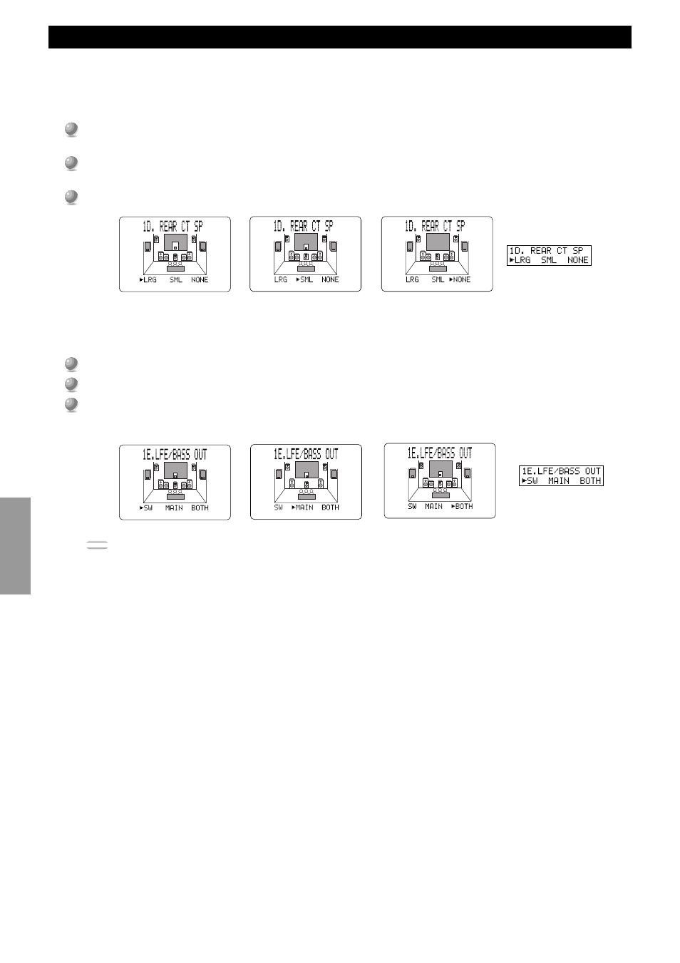 Set menu items, 1d. rear ct sp (rear center speaker mode), 1e. lfe/bass out (bass out mode) | Yamaha DSP-AX1 User Manual | Page 42 / 88