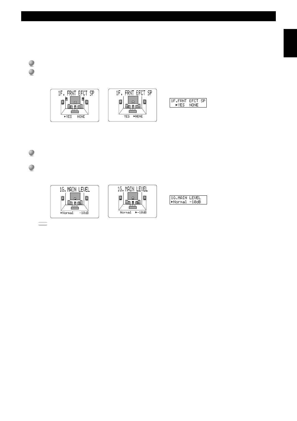 Set menu items, 1f. frnt efct sp (front effect speaker mode), 1g. main level | Yamaha DSP-AX1 User Manual | Page 43 / 88