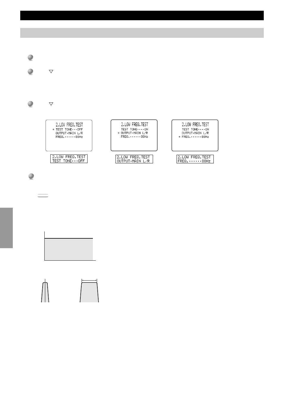 Low freq. test, Set menu items, About the test tone | Yamaha DSP-AX1 User Manual | Page 44 / 88