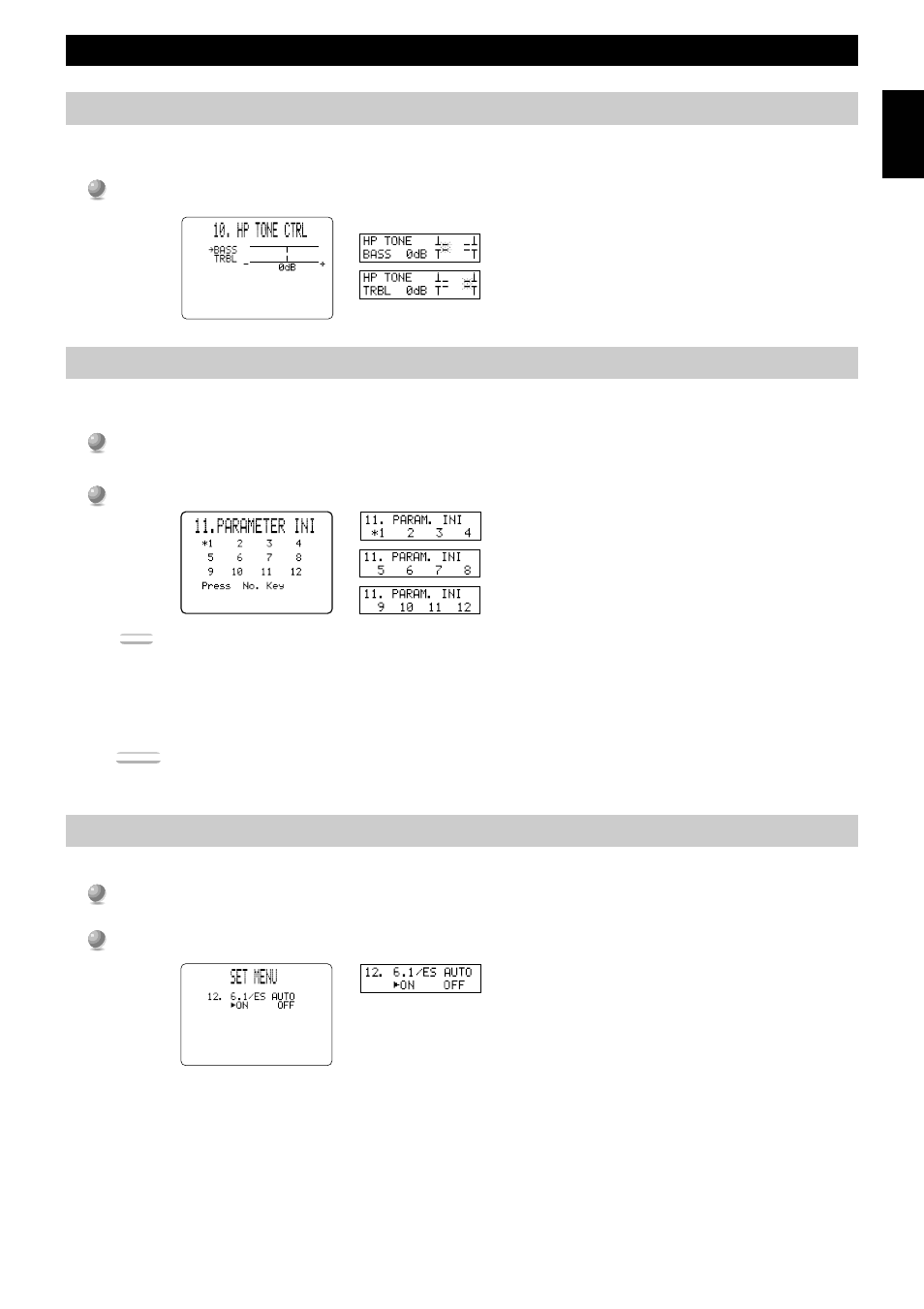 Hp tone ctrl (headphone tone control), Parameter ini (parameter initialization), 6.1/es auto | Set menu items | Yamaha DSP-AX1 User Manual | Page 49 / 88