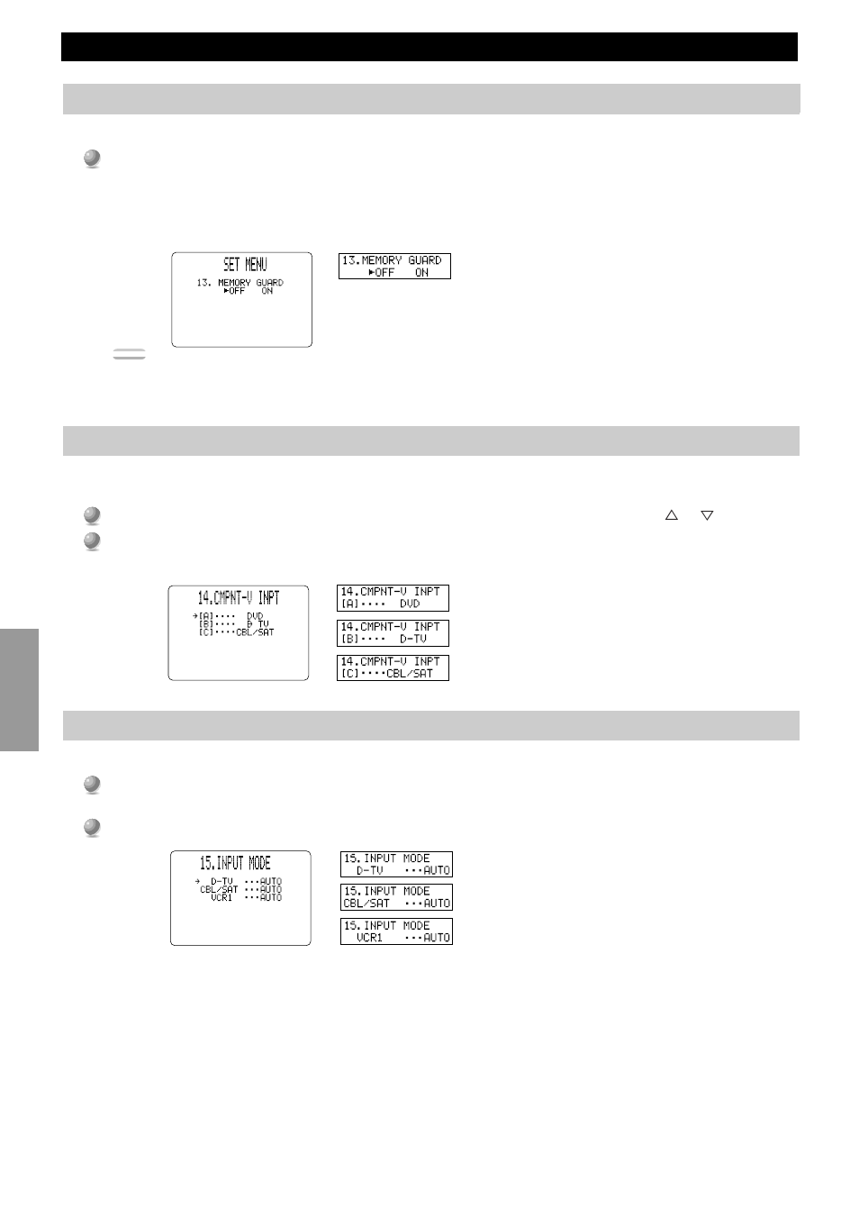 Cmpnt-v input (component video input), Input mode, Set menu items | Yamaha DSP-AX1 User Manual | Page 50 / 88