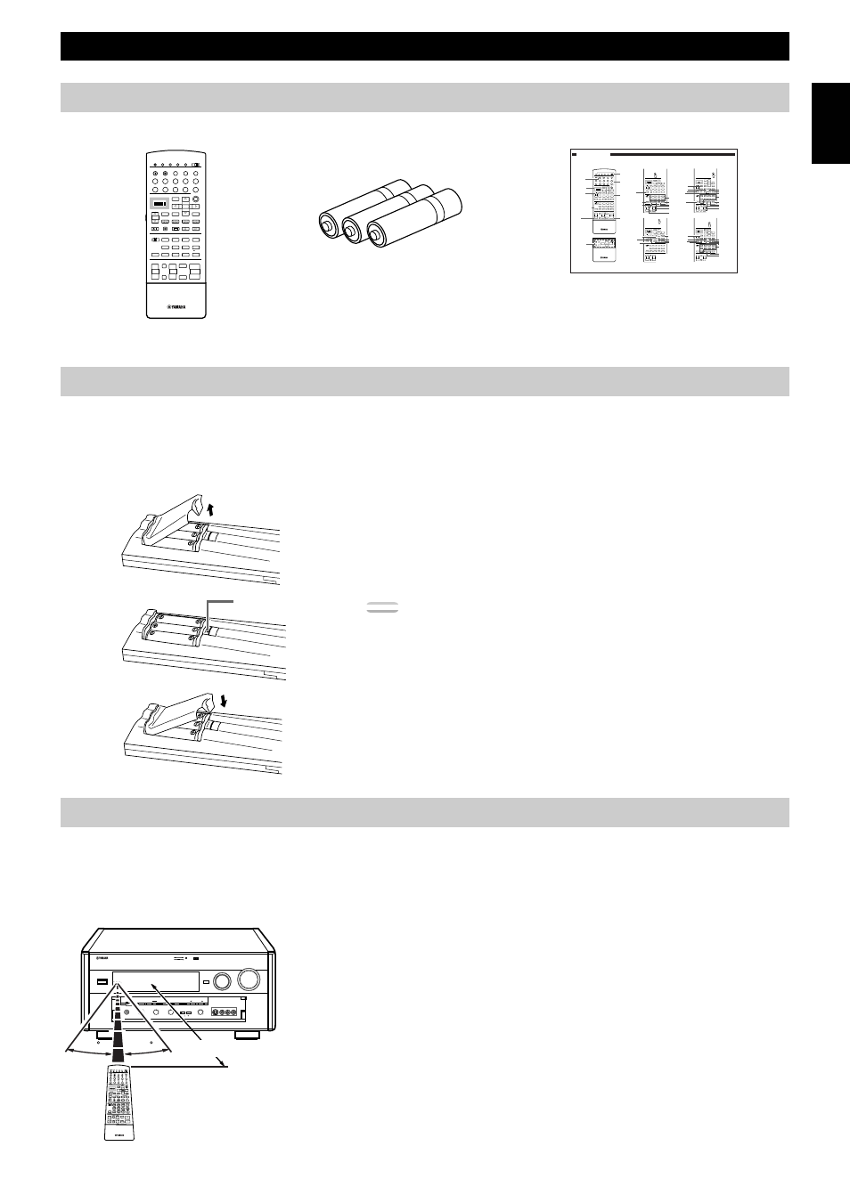 Getting started, Installing batteries in the remote control, Using the remote control | Checking the package contents, About changing batteries, About handling the remote control | Yamaha DSP-AX1 User Manual | Page 7 / 88