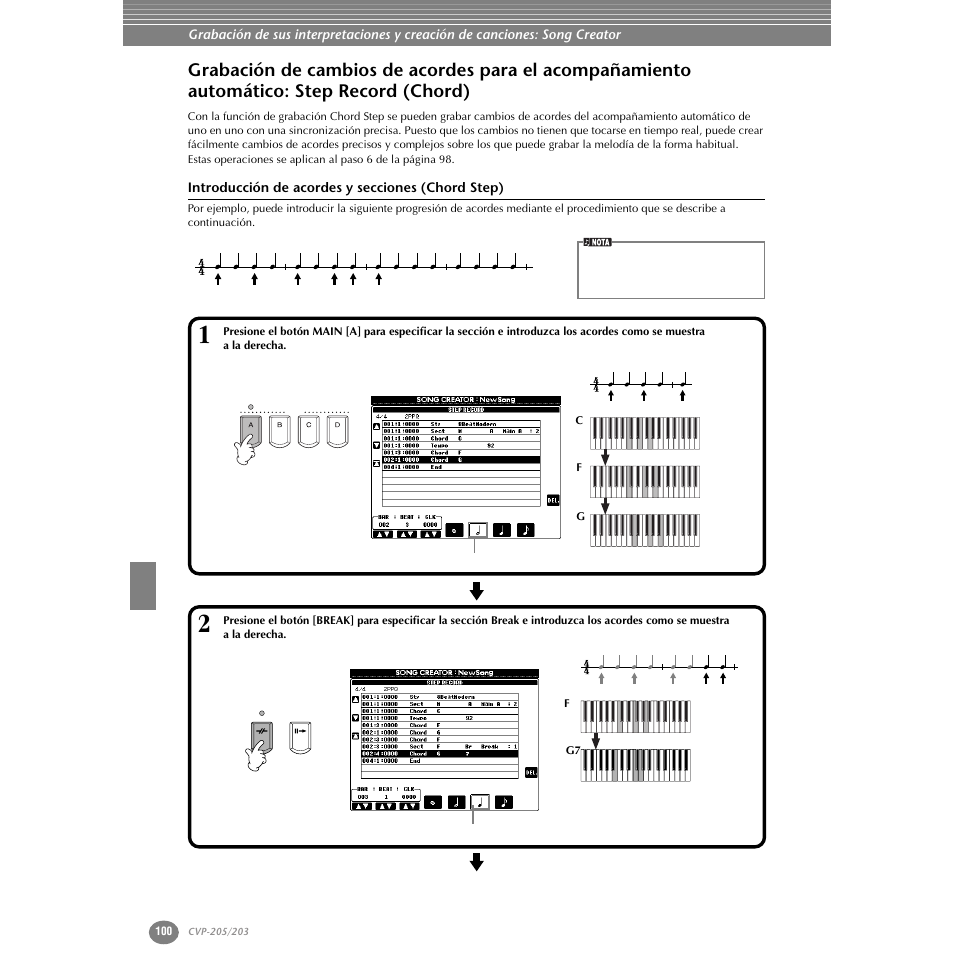 Introducción de acordes y secciones (chord step), Grabación de cambios de acordes para el acompaña, Miento automático: step record (chord) | Yamaha Clavinova CVP-203 User Manual | Page 100 / 169