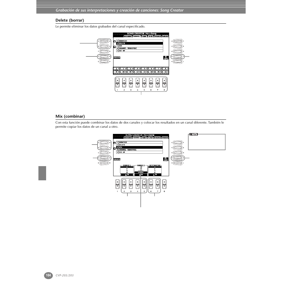 Delete (borrar), Mix (combinar) | Yamaha Clavinova CVP-203 User Manual | Page 104 / 169