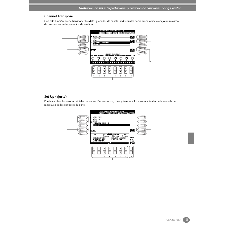 Channel transpose, Set up (ajuste) | Yamaha Clavinova CVP-203 User Manual | Page 105 / 169