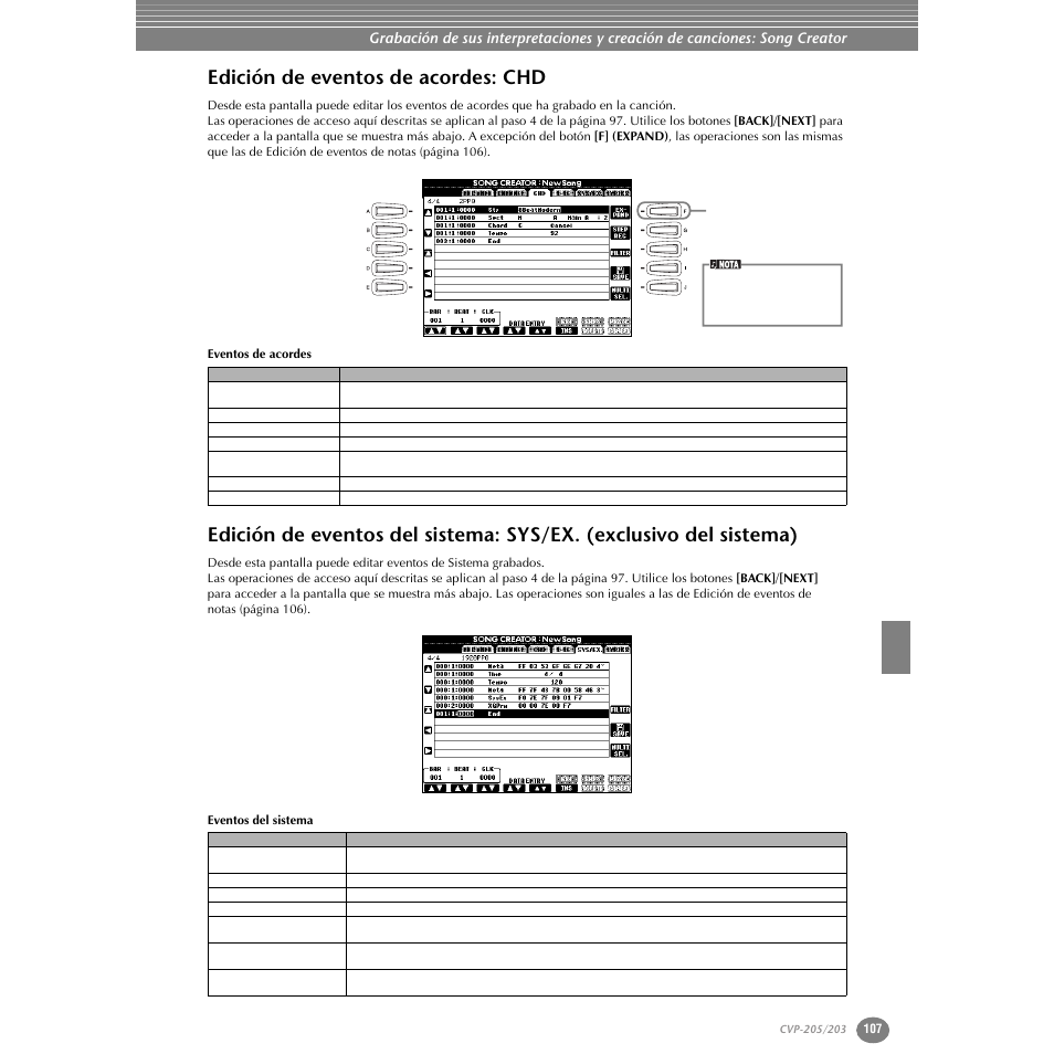 Edición de eventos de acordes: chd, Exclusivo del sistema) | Yamaha Clavinova CVP-203 User Manual | Page 107 / 169