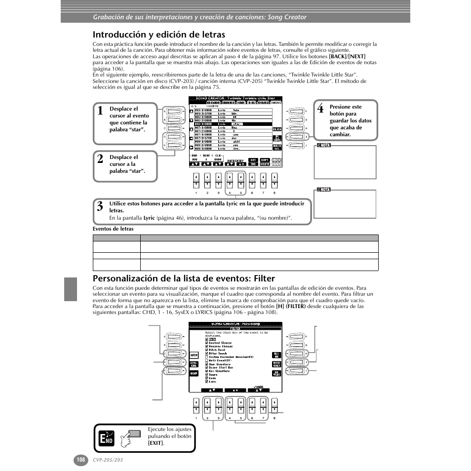 Introducción y edición de letras, Personalización de la lista de eventos: filter | Yamaha Clavinova CVP-203 User Manual | Page 108 / 169