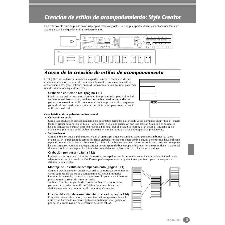 Acerca de la creación de estilos de acompañamiento | Yamaha Clavinova CVP-203 User Manual | Page 109 / 169