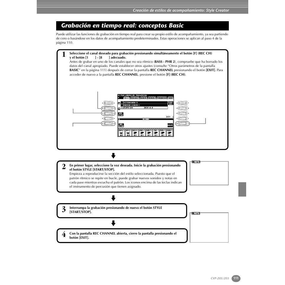 Grabación en tiempo real: conceptos basic, Grabación en tiempo real: conceptos básicos | Yamaha Clavinova CVP-203 User Manual | Page 111 / 169