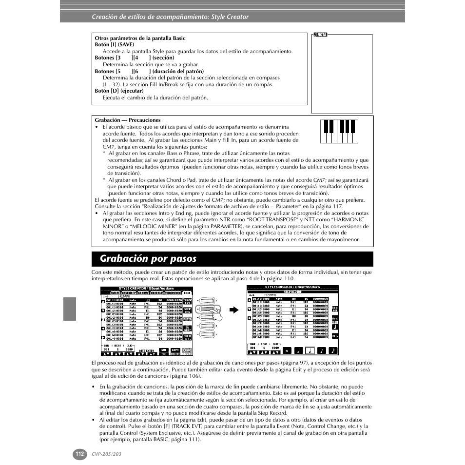 Grabación por pasos | Yamaha Clavinova CVP-203 User Manual | Page 112 / 169