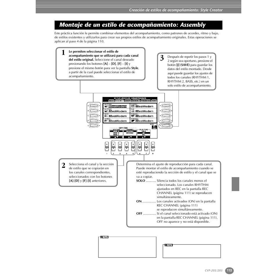 Montaje de un estilo de acompañamiento: assembly, Montaje de un estilo de acompañamiento, Assembly | Yamaha Clavinova CVP-203 User Manual | Page 113 / 169