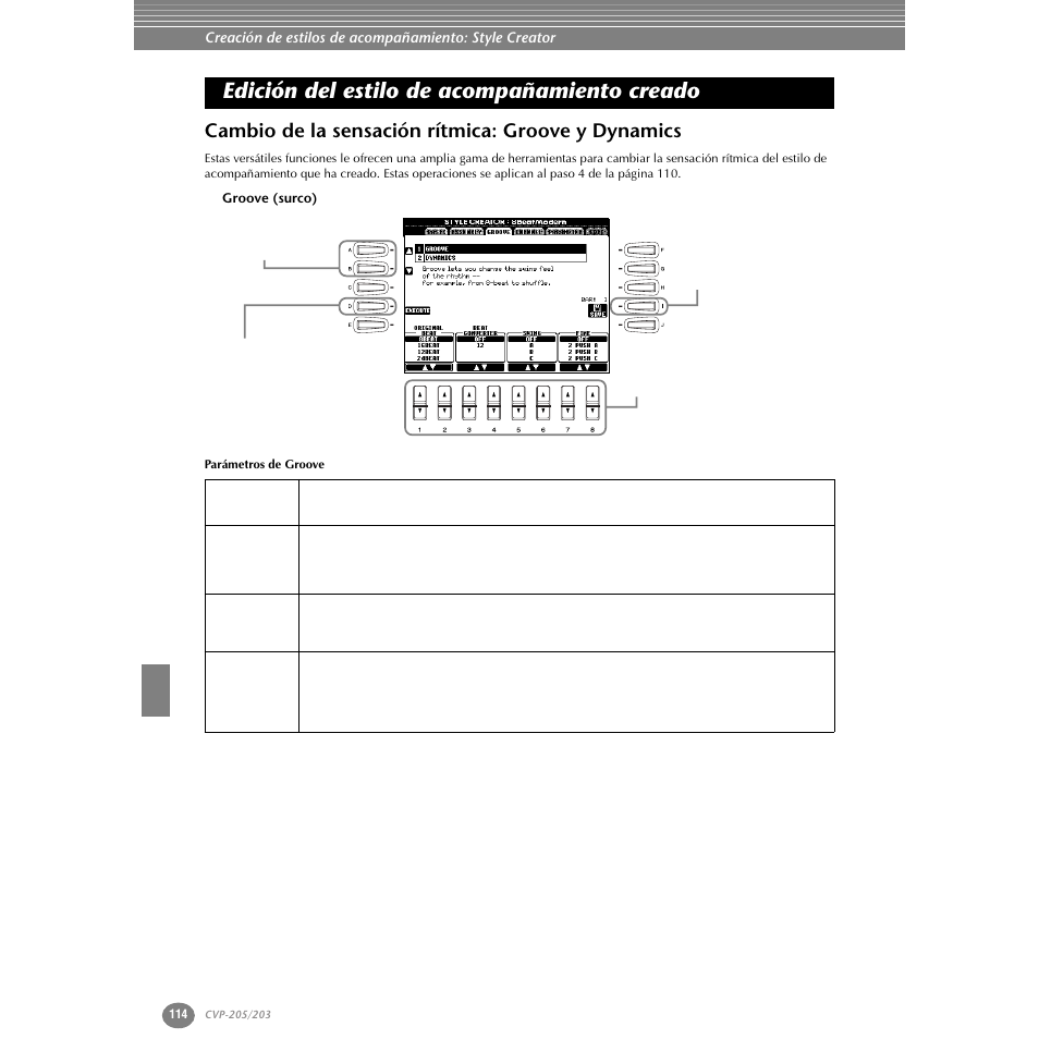 Edición del estilo de acompañamiento creado, Cambio de la sensación rítmica: groove y dynamics, Groove (surco) | Edición del estilo de acompañamiento, Creado, Cambio de la sensación rítmica: groove, Y dynamics | Yamaha Clavinova CVP-203 User Manual | Page 114 / 169