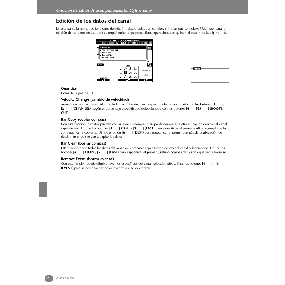 Edición de los datos del canal, Quantize, Velocity change (cambio de velocidad) | Bar copy (copiar compás), Bar clear (borrar compás), Remove event (borrar evento) | Yamaha Clavinova CVP-203 User Manual | Page 116 / 169