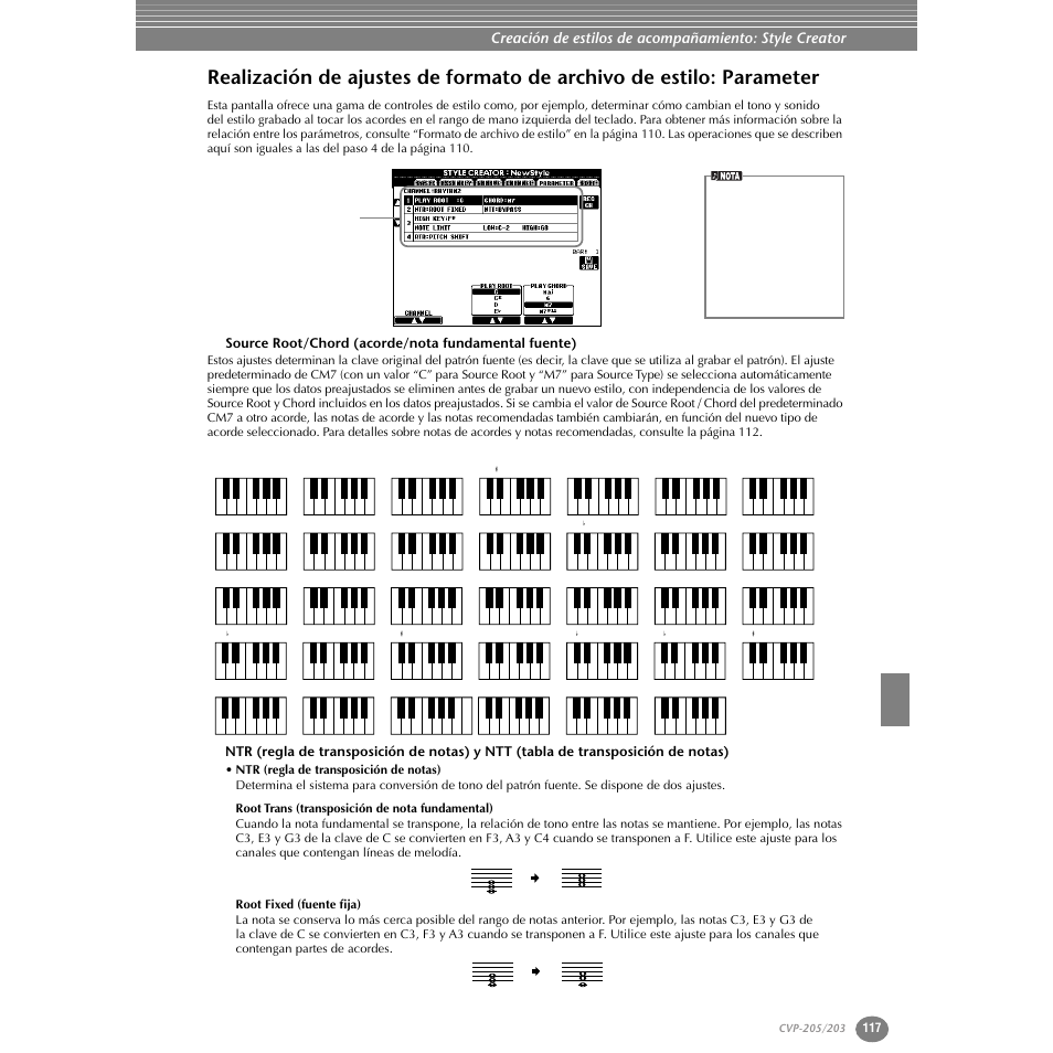 Source root/chord (acorde/nota fundamental fuente), Realización de ajustes de formato de archivo, De estilo: parameter | Yamaha Clavinova CVP-203 User Manual | Page 117 / 169