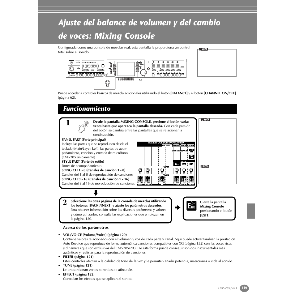 Funcionamiento, Acerca de los parámetros, P. 119 | Yamaha Clavinova CVP-203 User Manual | Page 119 / 169