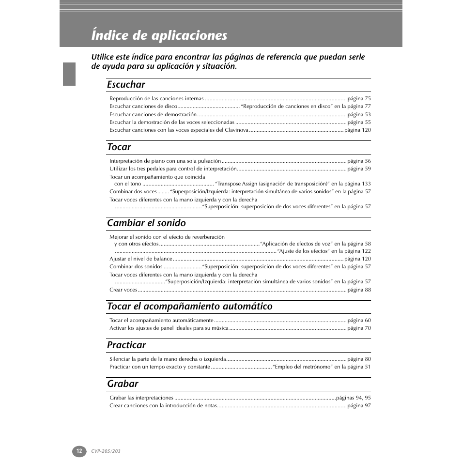 Índice de aplicaciones, Escuchar, Tocar | Cambiar el sonido, Tocar el acompañamiento automático, Practicar, Grabar | Yamaha Clavinova CVP-203 User Manual | Page 12 / 169