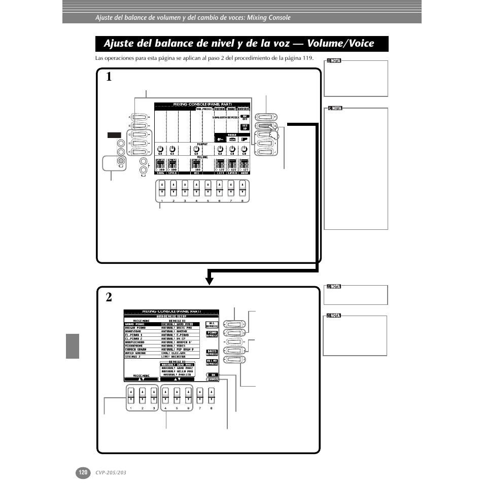 Ajuste del balance de nivel y de la voz, Volume/voice | Yamaha Clavinova CVP-203 User Manual | Page 120 / 169