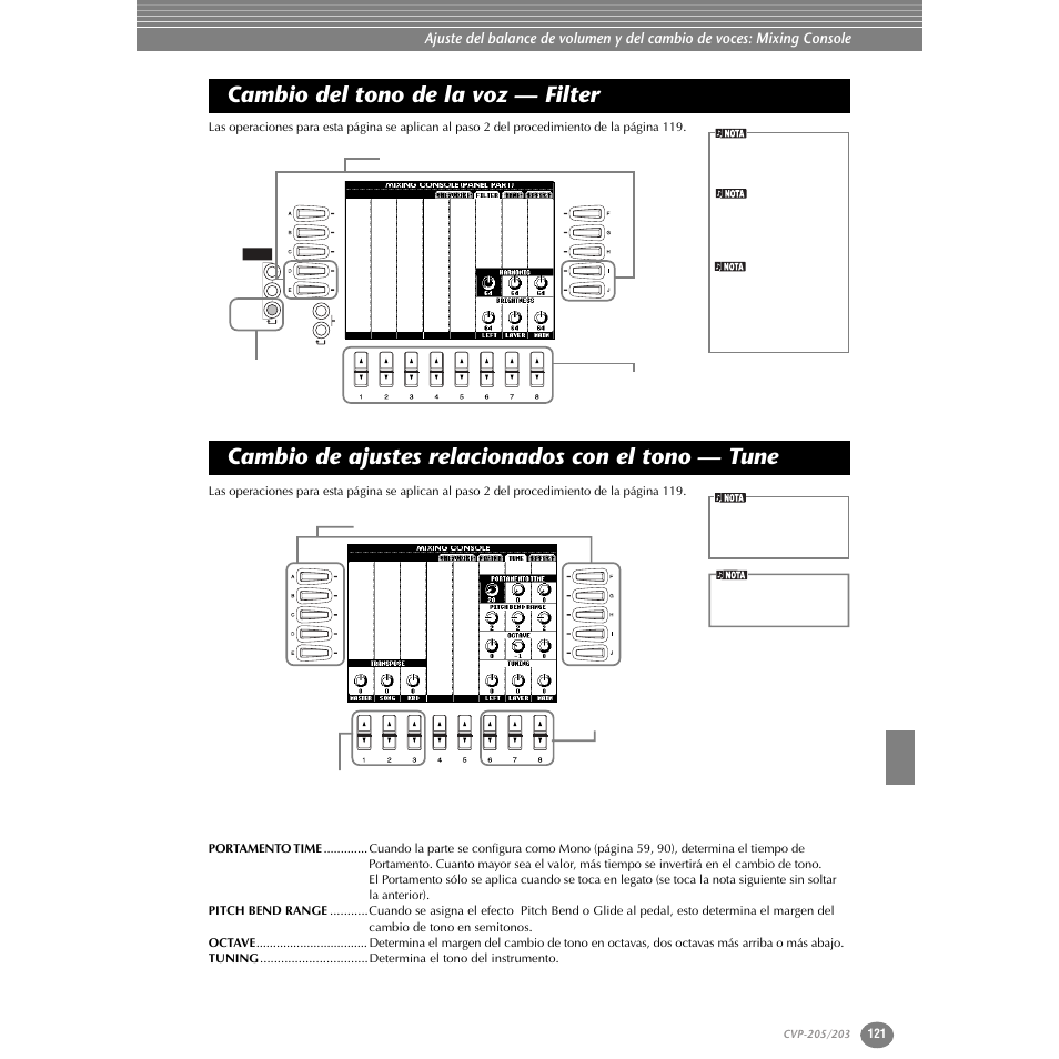 Cambio del tono de la voz — filter, Cambio de ajustes relacionados con el tono — tune, Tune | Yamaha Clavinova CVP-203 User Manual | Page 121 / 169