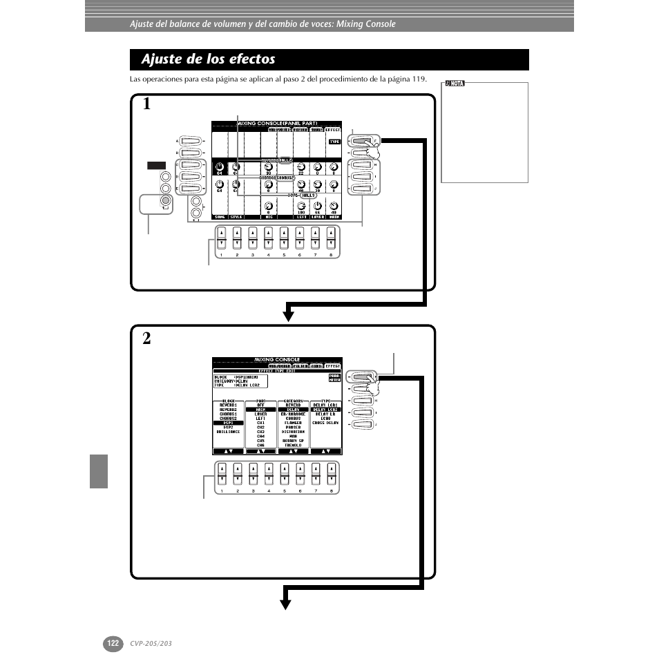 Ajuste de los efectos, De alta | Yamaha Clavinova CVP-203 User Manual | Page 122 / 169