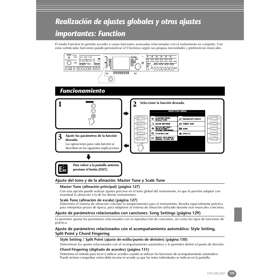 Realización de ajustes globales y otros ajustes, Importantes: function, Funcionamiento | P. 125 | Yamaha Clavinova CVP-203 User Manual | Page 125 / 169