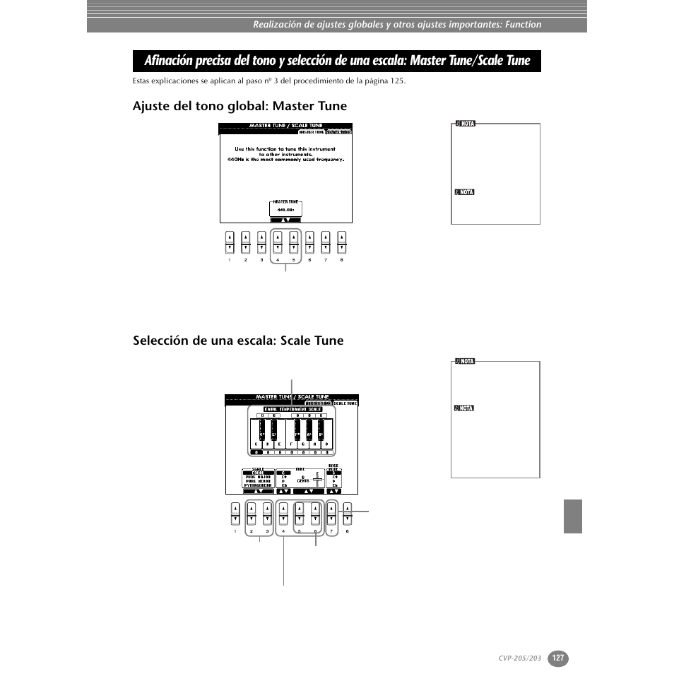 Ajuste del tono global: master tune, Selección de una escala: scale tune, Afinación precisa del tono y selección | De una escala: master tune/scale tune | Yamaha Clavinova CVP-203 User Manual | Page 127 / 169