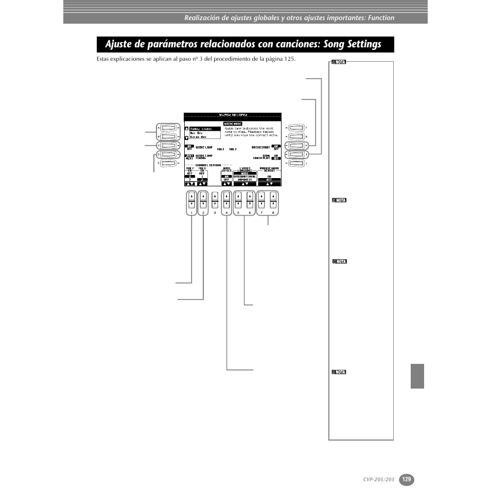 Ajuste de parámetros relacionados con canciones, Song settings, Gina 129) | Yamaha Clavinova CVP-203 User Manual | Page 129 / 169