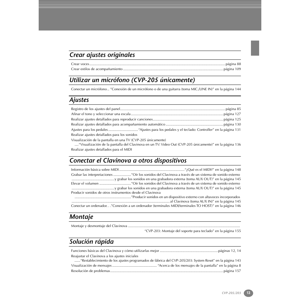 Crear ajustes originales, Utilizar un micrófono (cvp-205 únicamente), Ajustes | Conectar el clavinova a otros dispositivos, Montaje, Solución rápida | Yamaha Clavinova CVP-203 User Manual | Page 13 / 169