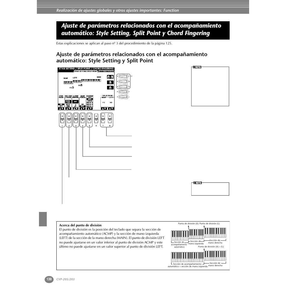 Ajuste de parámetros relacionados con el, Ajuste de parámetros relacionados con el acompaña, Miento automático: style setting y split point | Yamaha Clavinova CVP-203 User Manual | Page 130 / 169