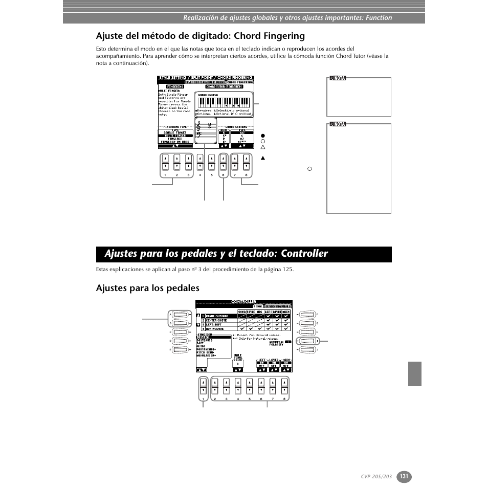 Ajuste del método de digitado: chord fingering, Ajustes para los pedales y el teclado: controller, Ajustes para los pedales | Yamaha Clavinova CVP-203 User Manual | Page 131 / 169