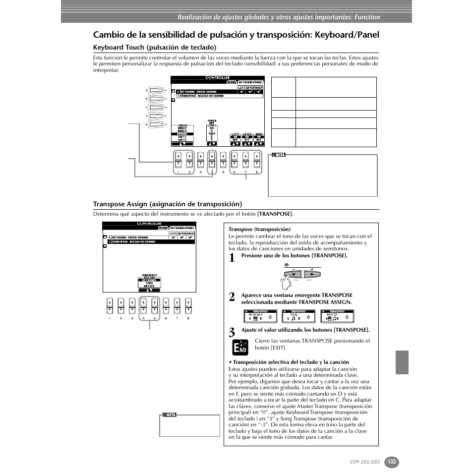 Keyboard touch (pulsación de teclado), Transpose assign (asignación de transposición), Keyboard/panel | P. 133 | Yamaha Clavinova CVP-203 User Manual | Page 133 / 169