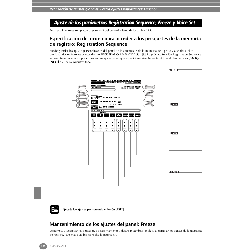 Mantenimiento de los ajustes del panel: freeze, Ajuste de los parámetros registration sequence, Freeze y voice set | La memoria de registro: registration sequence | Yamaha Clavinova CVP-203 User Manual | Page 134 / 169