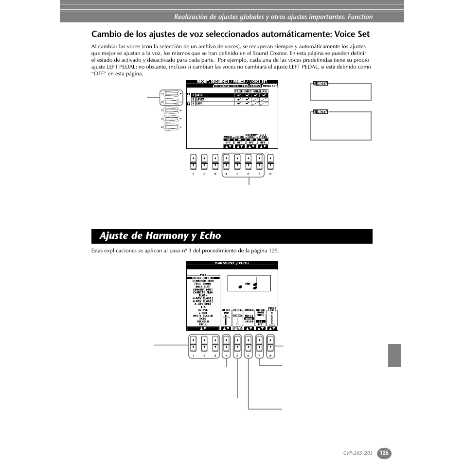 Ajuste de harmony y echo, Cambio de los ajustes de voz seleccionados, Automáticamente: voice set | Yamaha Clavinova CVP-203 User Manual | Page 135 / 169