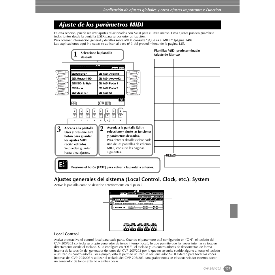 Ajuste de los parámetros midi, Local control, Etc.): system | Yamaha Clavinova CVP-203 User Manual | Page 137 / 169