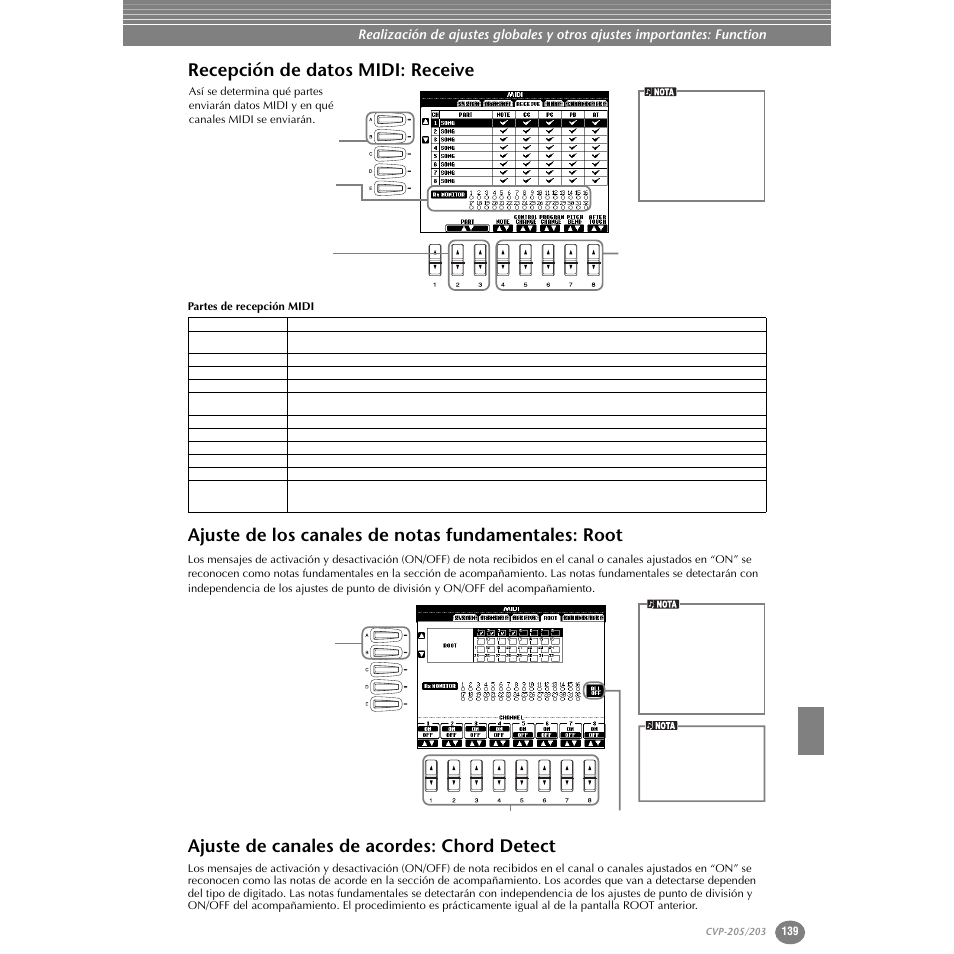 Recepción de datos midi: receive, Ajuste de los canales de notas fundamentales: root, Ajuste de canales de acordes: chord detect | Yamaha Clavinova CVP-203 User Manual | Page 139 / 169