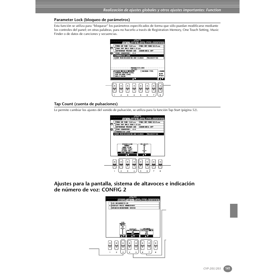 Parameter lock (bloqueo de parámetros), Tap count (cuenta de pulsaciones), Ajustes para la pantalla, sistema de altavoces | E indicación de número de voz: config 2 | Yamaha Clavinova CVP-203 User Manual | Page 141 / 169