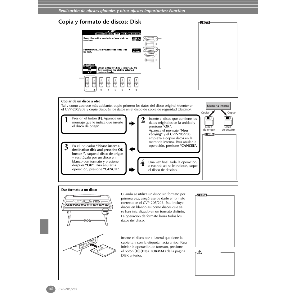 Copia y formato de discos: disk | Yamaha Clavinova CVP-203 User Manual | Page 142 / 169