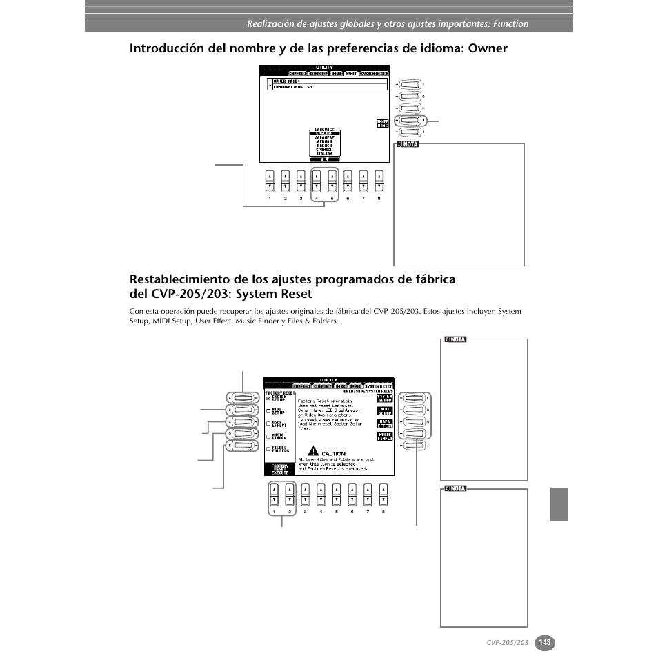 Introducción del nombre y de las preferencias, De idioma: owner, Restablecimiento de los ajustes programados | De fábrica del cvp-205/203: system reset | Yamaha Clavinova CVP-203 User Manual | Page 143 / 169