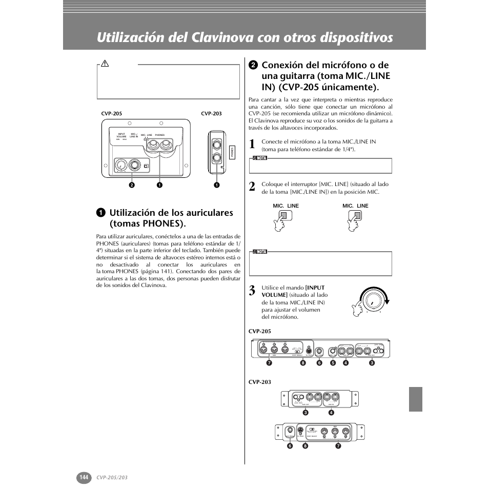 Utilización del clavinova con otros dispositivos, 1 utilización de los auriculares (tomas phones), Toma mic./line in) (cvp-205 únicamente) | P. 144 | Yamaha Clavinova CVP-203 User Manual | Page 144 / 169