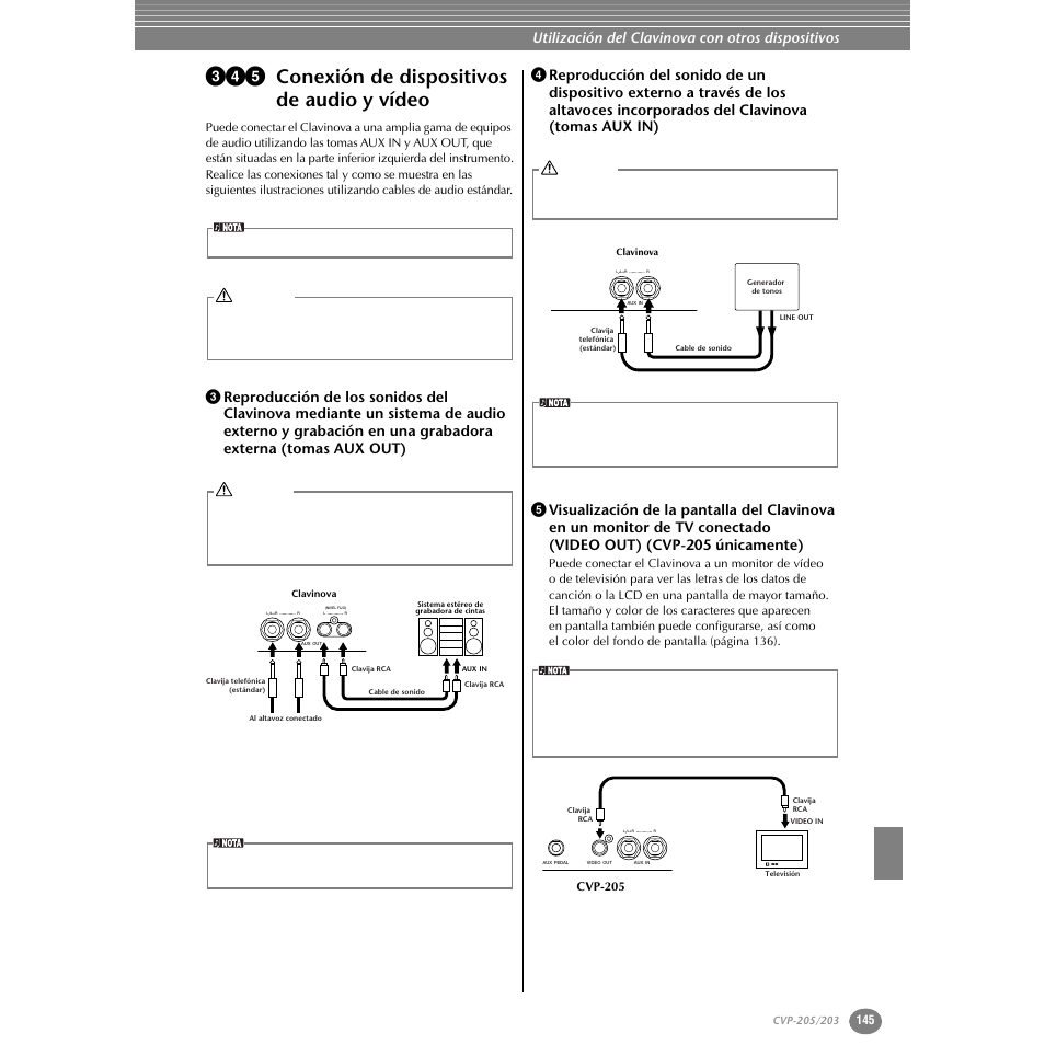 345 conexión de dispositivos de audio y vídeo, Conexión de dispositivos de audio y vídeo, P. 145 | P.145, Utilización del clavinova con otros dispositivos | Yamaha Clavinova CVP-203 User Manual | Page 145 / 169