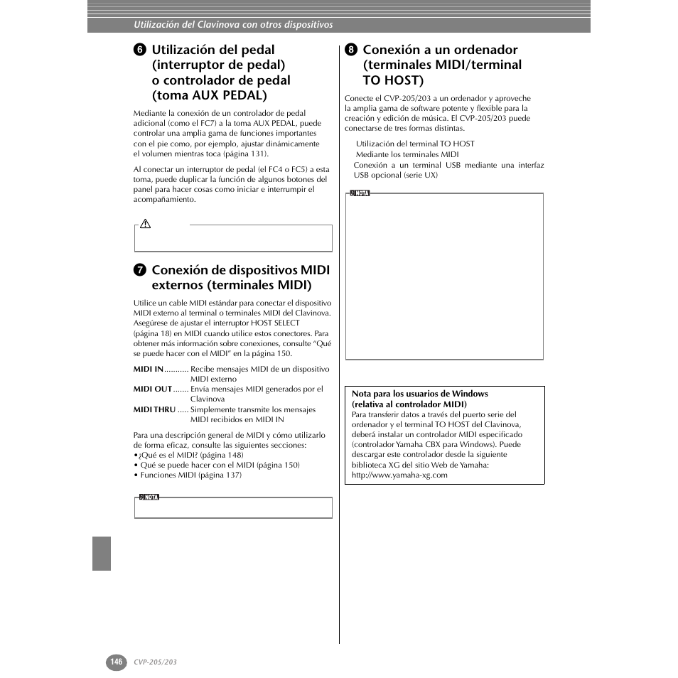 Utilización del pedal (interruptor de pedal), O controlador de pedal (toma aux pedal), Conexión de dispositivos midi externos | Terminales midi), Conexión a un ordenador, Terminales midi/terminal to host), P. 146, P.146 | Yamaha Clavinova CVP-203 User Manual | Page 146 / 169