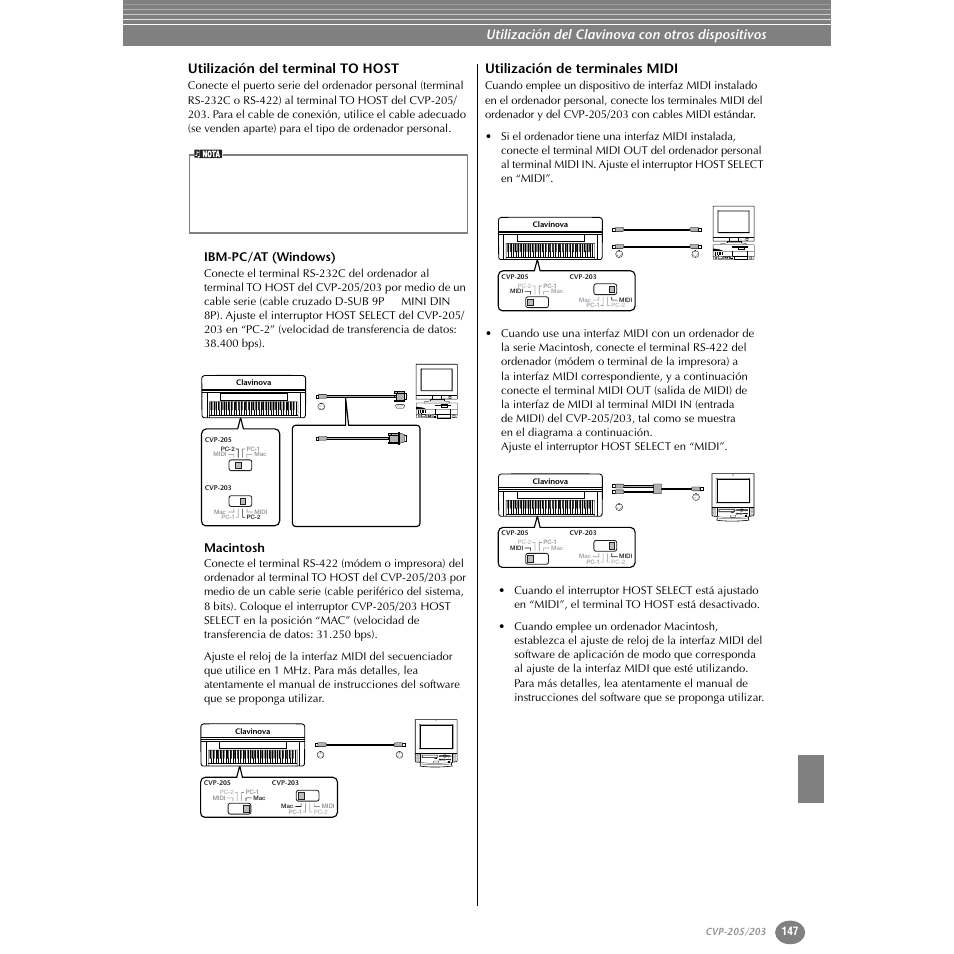 Utilización del terminal to host, Ibm-pc/at (windows), Macintosh | Utilización de terminales midi, P. 147, Nec pc-9821 as nec multisync, Utilización del clavinova con otros dispositivos | Yamaha Clavinova CVP-203 User Manual | Page 147 / 169