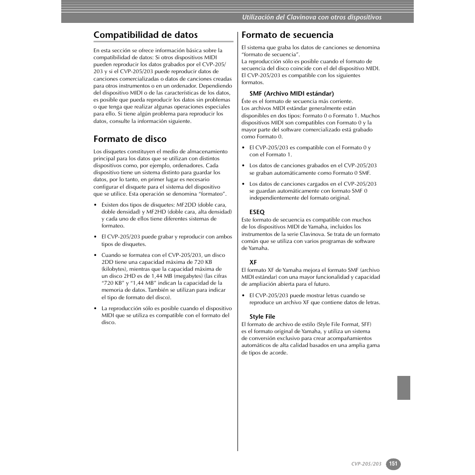 Compatibilidad de datos, Formato de disco, Formato de secuencia | Smf (archivo midi estándar), Eseq, Style file, Formato de disco formato de secuencia | Yamaha Clavinova CVP-203 User Manual | Page 151 / 169